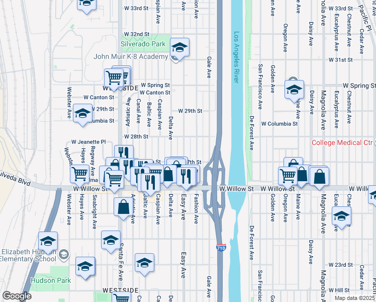 map of restaurants, bars, coffee shops, grocery stores, and more near 2740 Easy Avenue in Long Beach