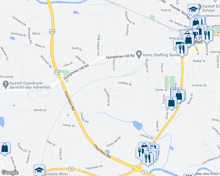 map of restaurants, bars, coffee shops, grocery stores, and more near 6020 Stonebrook Lane in Austell