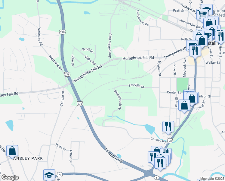 map of restaurants, bars, coffee shops, grocery stores, and more near 2270 Stonebrook Drive in Austell