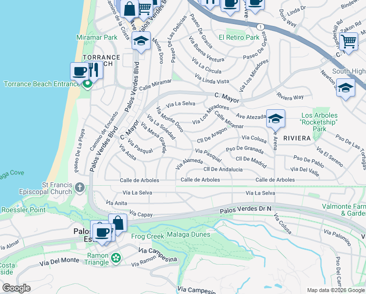 map of restaurants, bars, coffee shops, grocery stores, and more near 221 Via Pasqual in Redondo Beach
