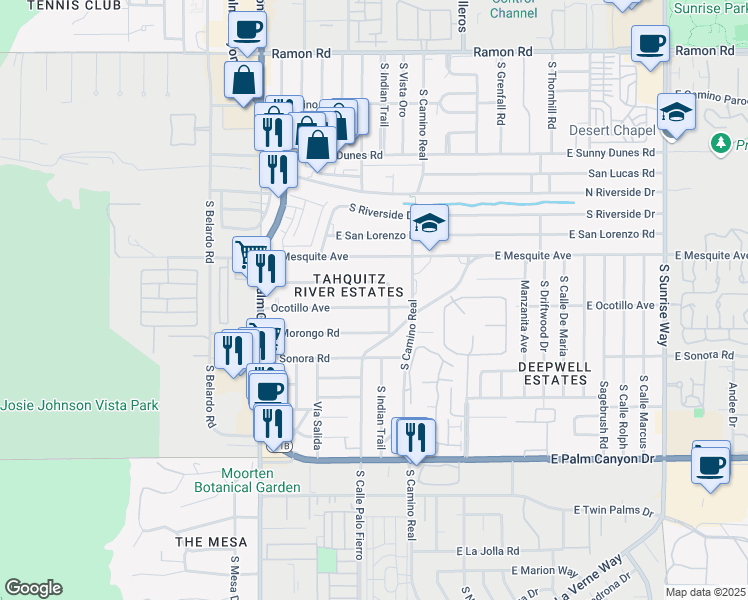map of restaurants, bars, coffee shops, grocery stores, and more near 640 Ocotillo Avenue in Palm Springs