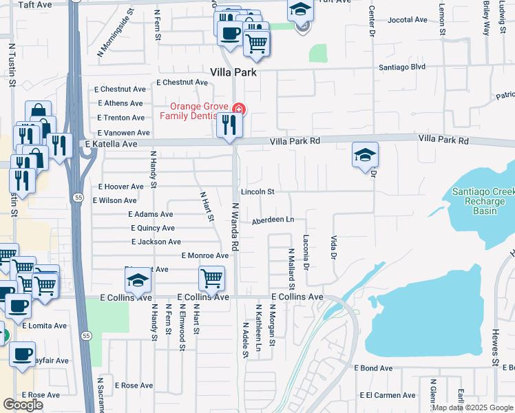 map of restaurants, bars, coffee shops, grocery stores, and more near 10675 Providence Drive in Villa Park