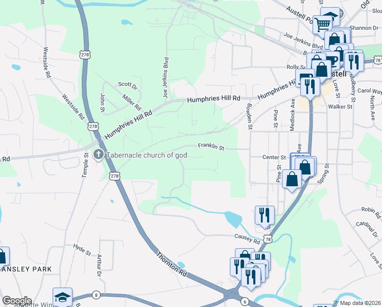 map of restaurants, bars, coffee shops, grocery stores, and more near 6040 Stonebrook Lane in Austell