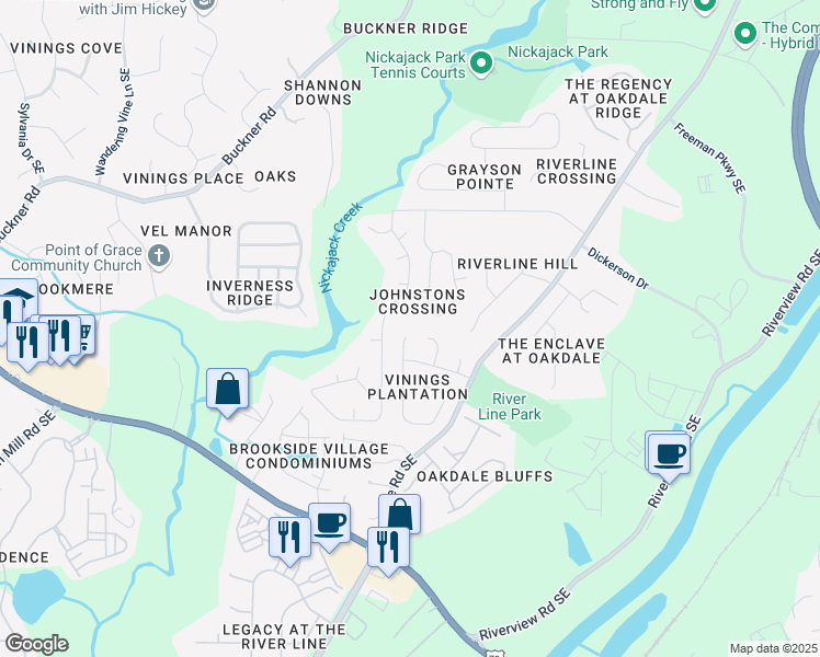 map of restaurants, bars, coffee shops, grocery stores, and more near 6002 Farmwood Way Southeast in Mableton