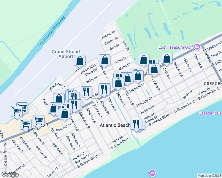 map of restaurants, bars, coffee shops, grocery stores, and more near 2804 U.S. 17 in North Myrtle Beach