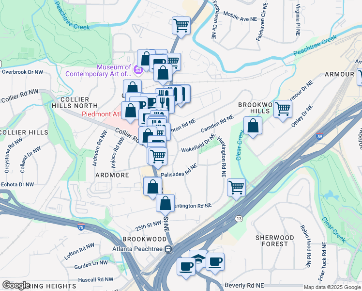 map of restaurants, bars, coffee shops, grocery stores, and more near 45 Montclair Drive Northeast in Atlanta