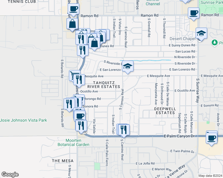 map of restaurants, bars, coffee shops, grocery stores, and more near 640 Ocotillo Avenue in Palm Springs
