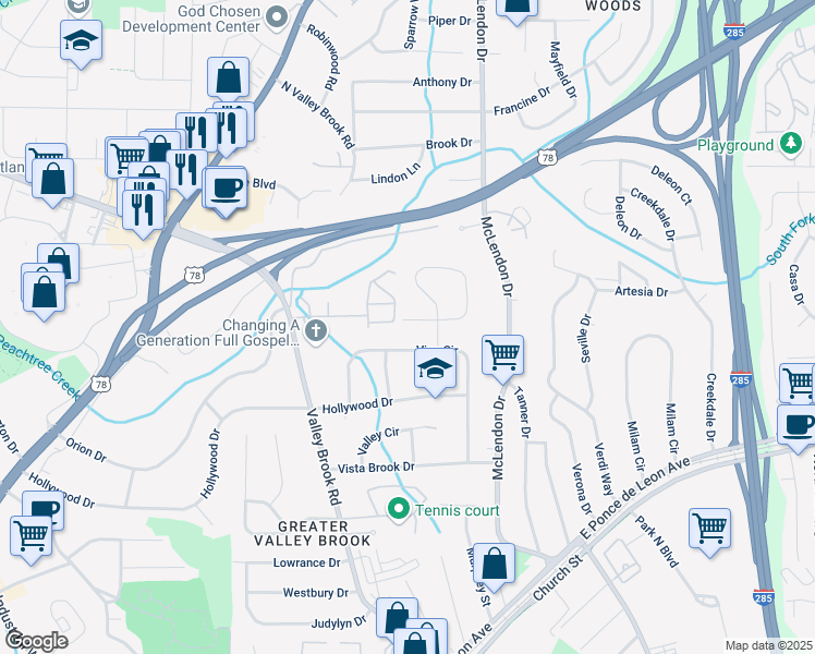 map of restaurants, bars, coffee shops, grocery stores, and more near 3063 Leafwood Drive in Decatur