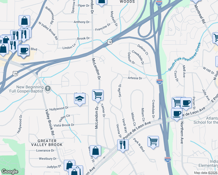 map of restaurants, bars, coffee shops, grocery stores, and more near 1008 Verdi Way in Clarkston