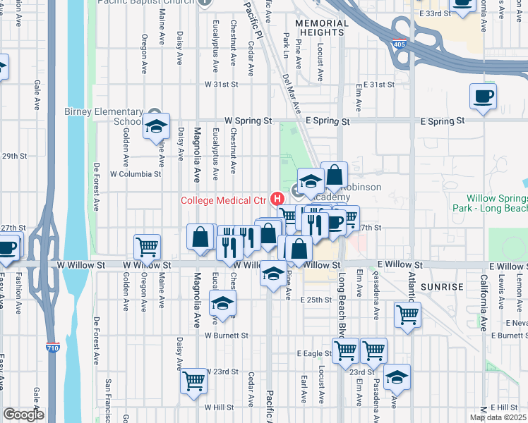 map of restaurants, bars, coffee shops, grocery stores, and more near 2747 Pacific Avenue in Long Beach
