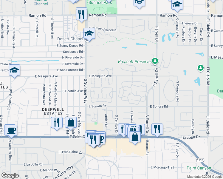 map of restaurants, bars, coffee shops, grocery stores, and more near 1923 Grand Bahama Drive East in Palm Springs