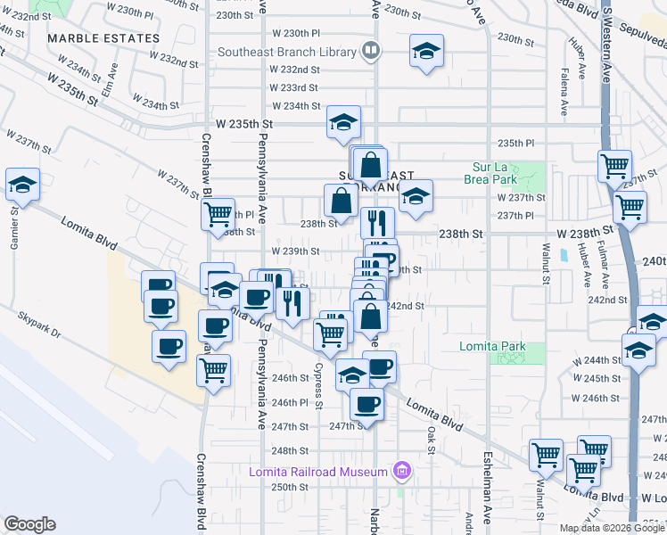 map of restaurants, bars, coffee shops, grocery stores, and more near 2262 West 239th Street in Torrance