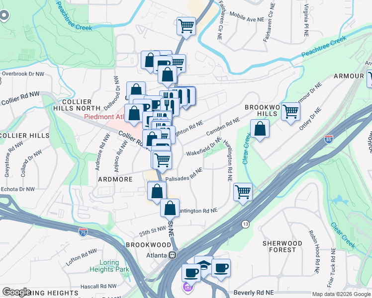 map of restaurants, bars, coffee shops, grocery stores, and more near 45 Montclair Drive Northeast in Atlanta