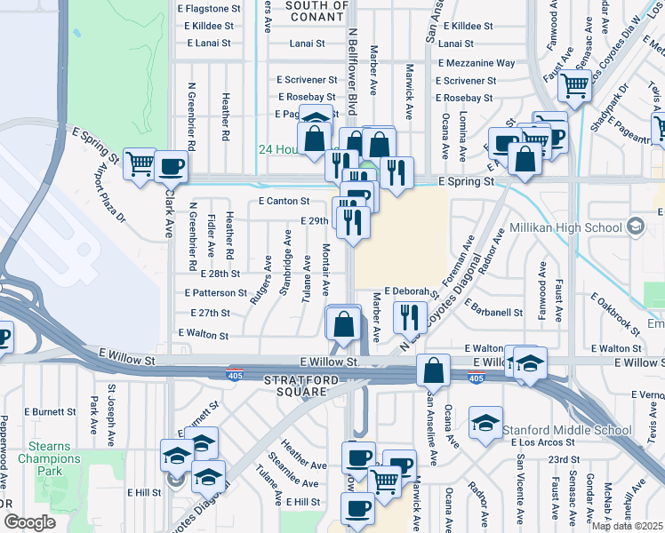 map of restaurants, bars, coffee shops, grocery stores, and more near 2802 Montair Avenue in Long Beach