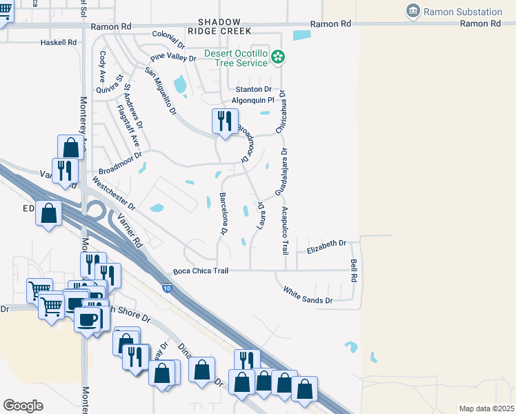 map of restaurants, bars, coffee shops, grocery stores, and more near 33265 Laura Drive in Thousand Palms