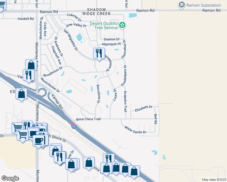 map of restaurants, bars, coffee shops, grocery stores, and more near 33265 Laura Drive in Thousand Palms