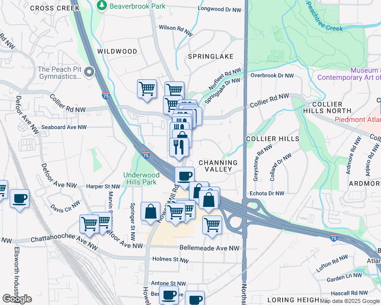 map of restaurants, bars, coffee shops, grocery stores, and more near 1921 Howell Mill Road Northwest in Atlanta