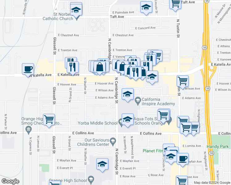 map of restaurants, bars, coffee shops, grocery stores, and more near 838 East Wilson Avenue in Orange