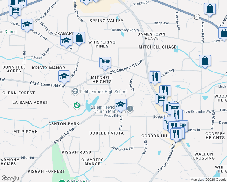 map of restaurants, bars, coffee shops, grocery stores, and more near 6035 Pisgah Road Southwest in Mableton