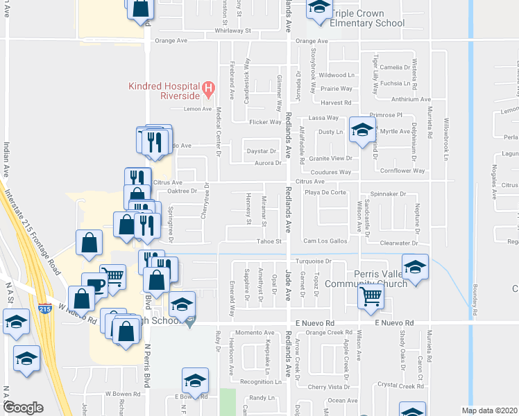 map of restaurants, bars, coffee shops, grocery stores, and more near 1916 Miramar Street in Perris