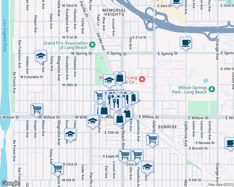 map of restaurants, bars, coffee shops, grocery stores, and more near 2750 West American Avenue in Long Beach