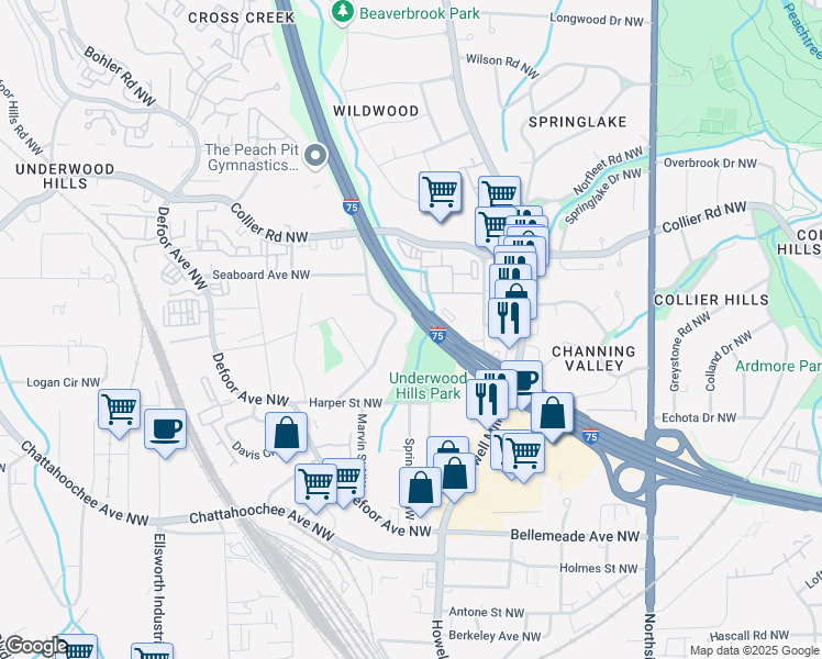 map of restaurants, bars, coffee shops, grocery stores, and more near 1892 Harper Road Northwest in Atlanta