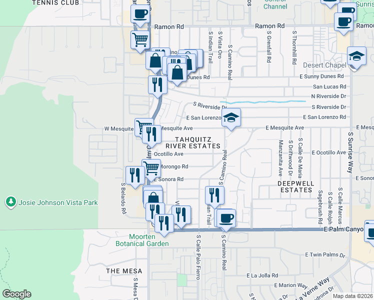 map of restaurants, bars, coffee shops, grocery stores, and more near 252 Ocotillo Avenue in Palm Springs