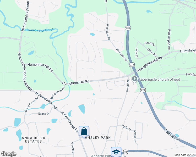 map of restaurants, bars, coffee shops, grocery stores, and more near 6235 Humphries Hill Road in Austell