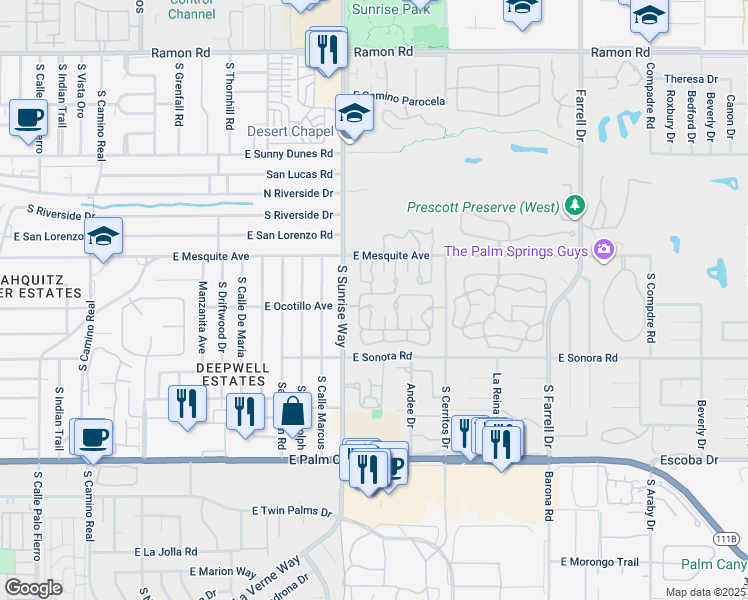 map of restaurants, bars, coffee shops, grocery stores, and more near 1709 Grand Bahama Drive West in Palm Springs