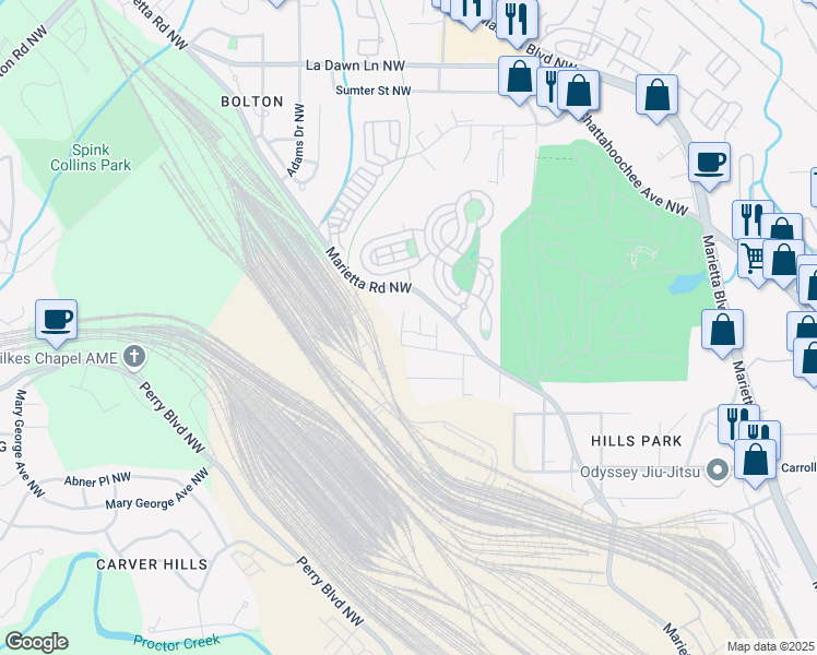 map of restaurants, bars, coffee shops, grocery stores, and more near 1903 Ford Street Northwest in Atlanta