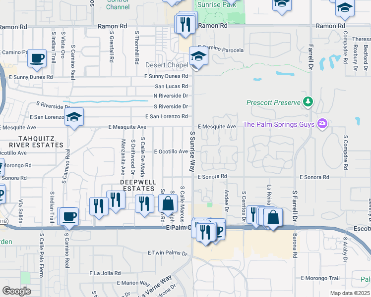 map of restaurants, bars, coffee shops, grocery stores, and more near 1190 South Cll Marcus in Palm Springs
