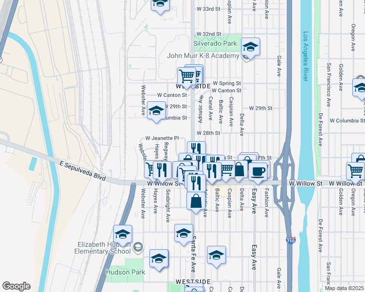 map of restaurants, bars, coffee shops, grocery stores, and more near 2745 Wetherly Avenue in Long Beach