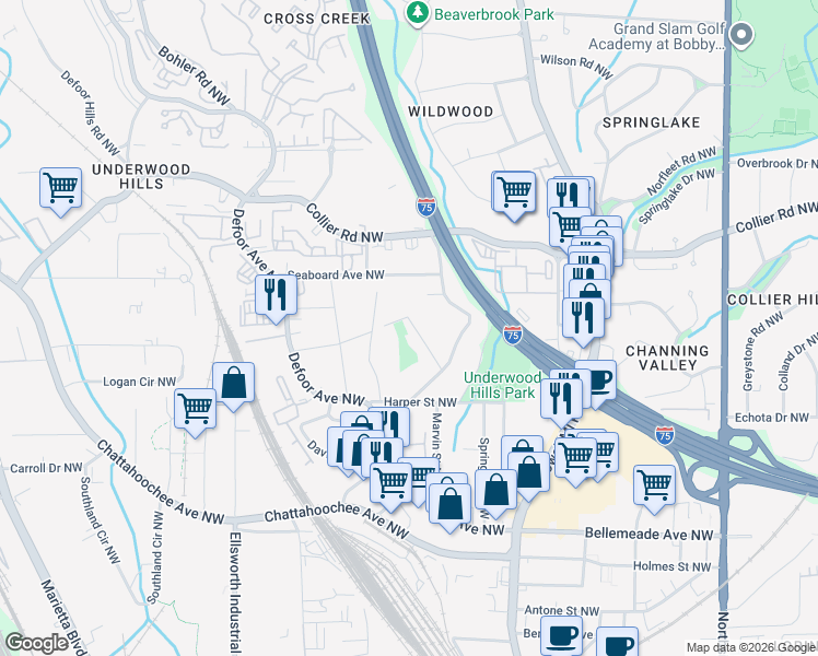 map of restaurants, bars, coffee shops, grocery stores, and more near 1990 Cambria Avenue Northwest in Atlanta
