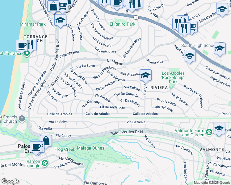 map of restaurants, bars, coffee shops, grocery stores, and more near 129 Paseo De Granada in Redondo Beach