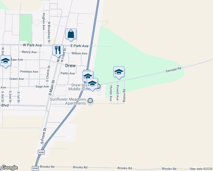map of restaurants, bars, coffee shops, grocery stores, and more near 26 Swoope Road in Drew