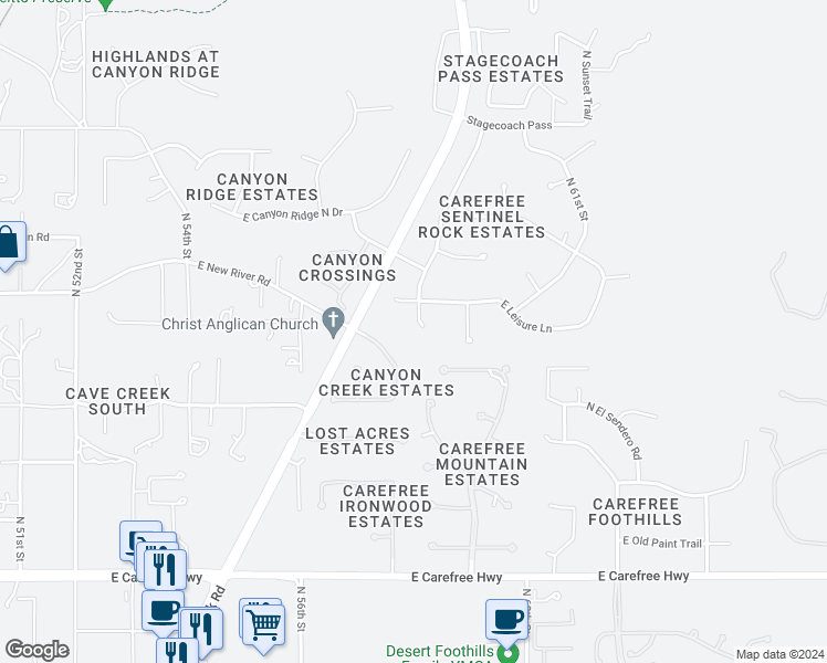 map of restaurants, bars, coffee shops, grocery stores, and more near 35422 North 58th Street in Cave Creek