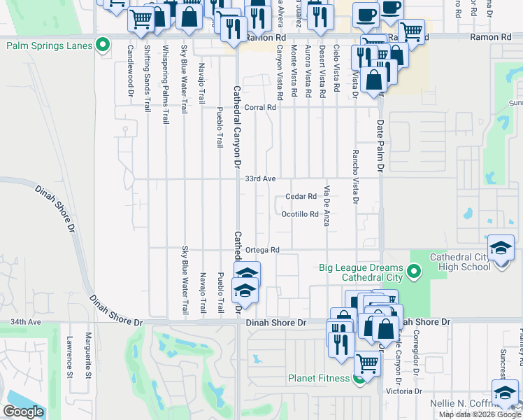 map of restaurants, bars, coffee shops, grocery stores, and more near 33255 Wishing Well Trail in Cathedral City