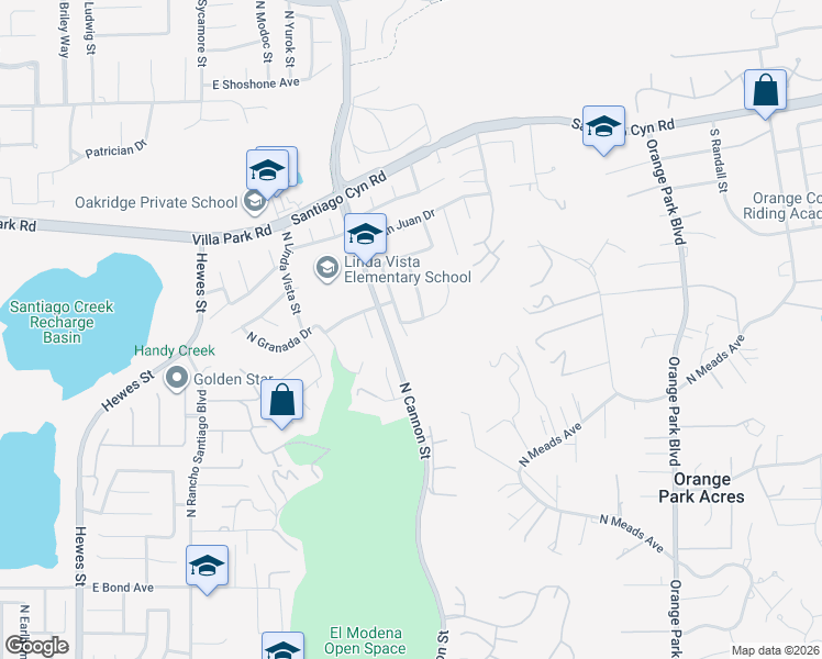 map of restaurants, bars, coffee shops, grocery stores, and more near 5738 East Muir Drive in Orange