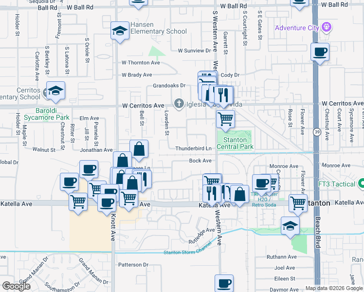 map of restaurants, bars, coffee shops, grocery stores, and more near 7295 Thunderbird Lane in Stanton