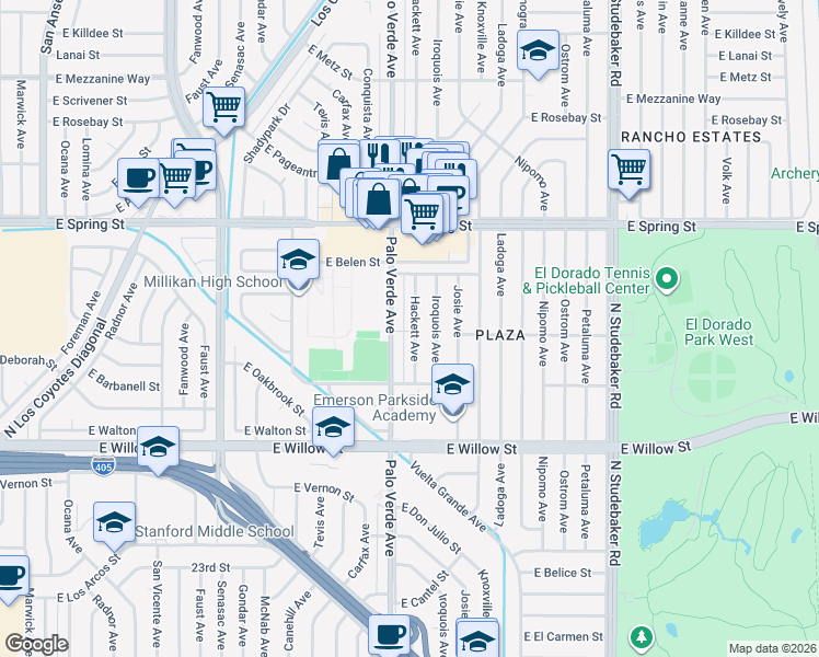 map of restaurants, bars, coffee shops, grocery stores, and more near 2803 Hackett Avenue in Long Beach