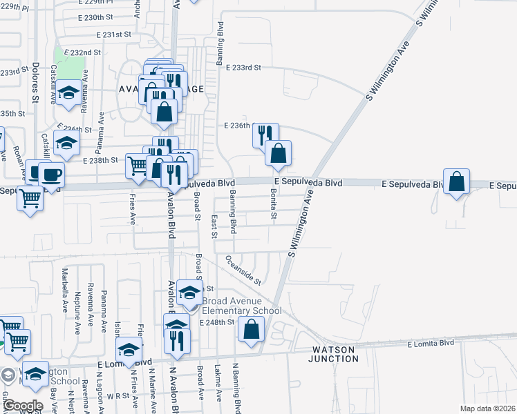 map of restaurants, bars, coffee shops, grocery stores, and more near 849 East Pacific Street in Carson