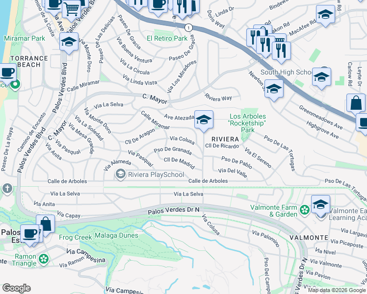 map of restaurants, bars, coffee shops, grocery stores, and more near 245 Paseo De Granada in Redondo Beach