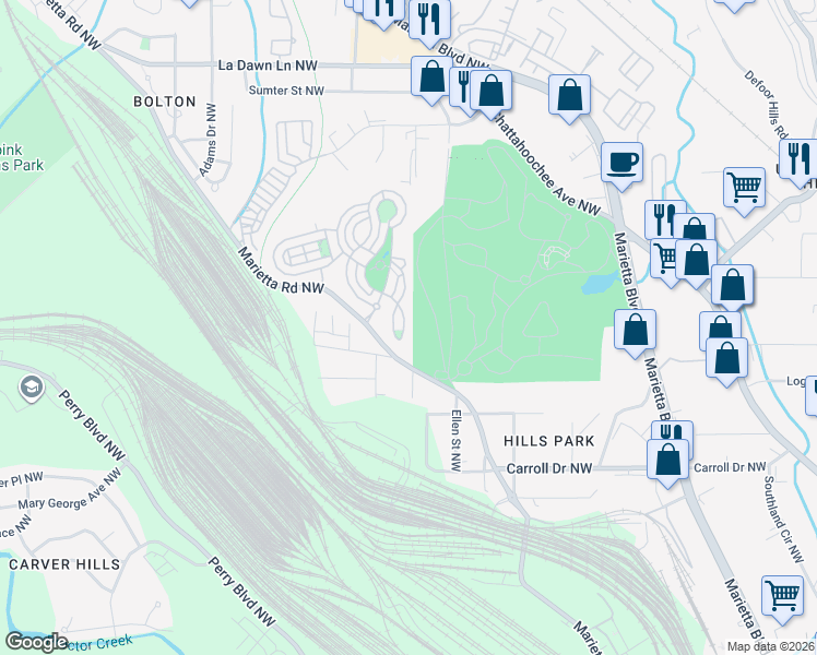 map of restaurants, bars, coffee shops, grocery stores, and more near 1629 Duncan Drive Northwest in Atlanta