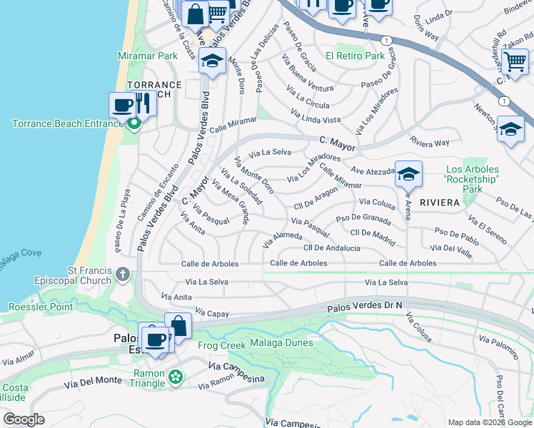 map of restaurants, bars, coffee shops, grocery stores, and more near 221 Via Pasqual in Redondo Beach