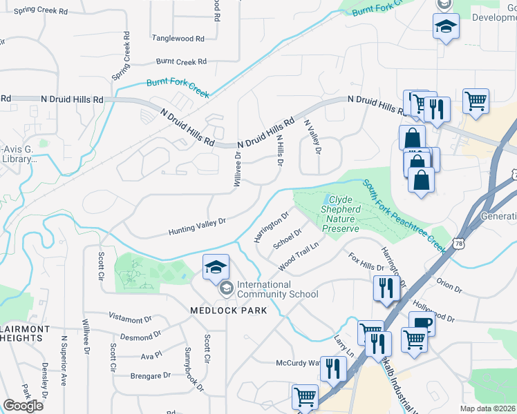 map of restaurants, bars, coffee shops, grocery stores, and more near 2477 Hunting Valley Drive in Decatur