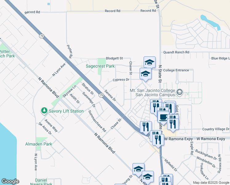 map of restaurants, bars, coffee shops, grocery stores, and more near 1482 Sarona Court in San Jacinto