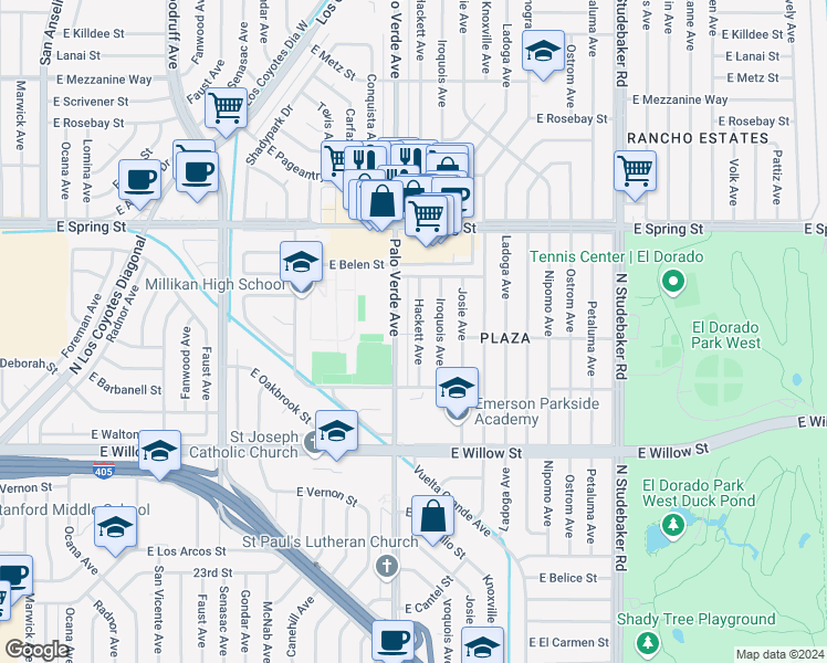 map of restaurants, bars, coffee shops, grocery stores, and more near 2803 Hackett Avenue in Long Beach