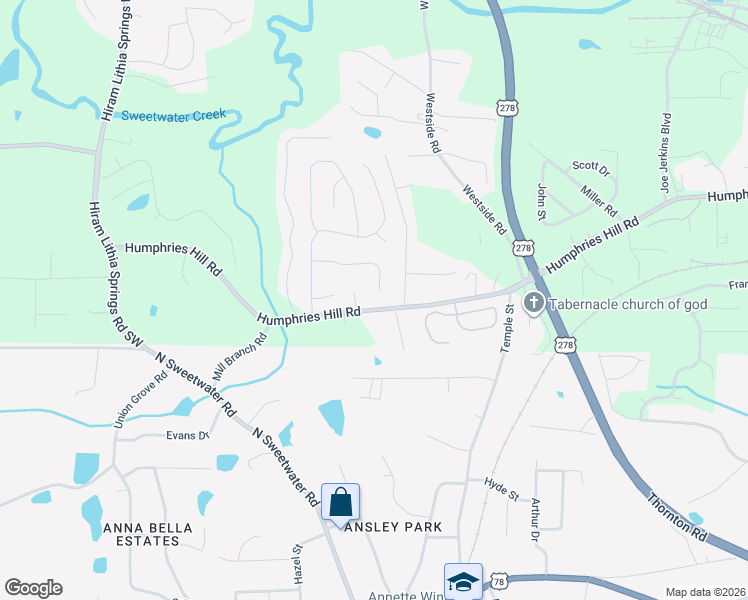 map of restaurants, bars, coffee shops, grocery stores, and more near 3658 Humphries Hill Road in Austell