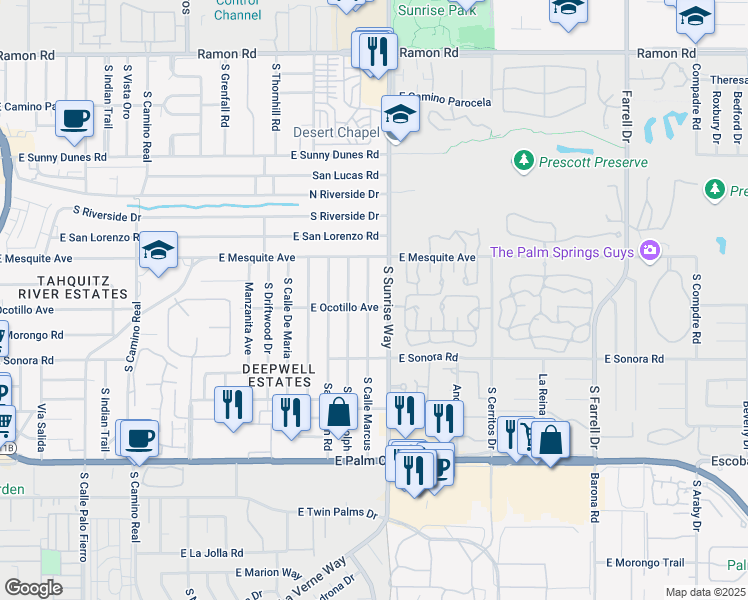 map of restaurants, bars, coffee shops, grocery stores, and more near 1190 South Cll Marcus in Palm Springs