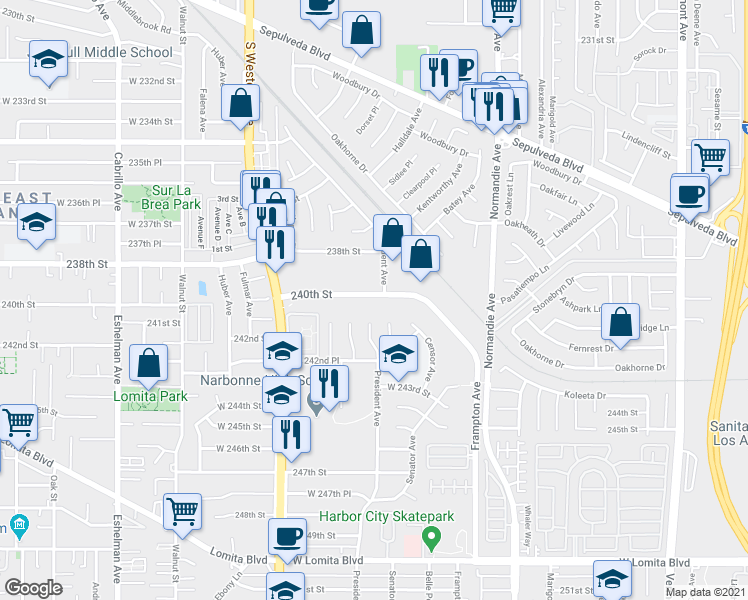 map of restaurants, bars, coffee shops, grocery stores, and more near 1460 240th Street in Los Angeles